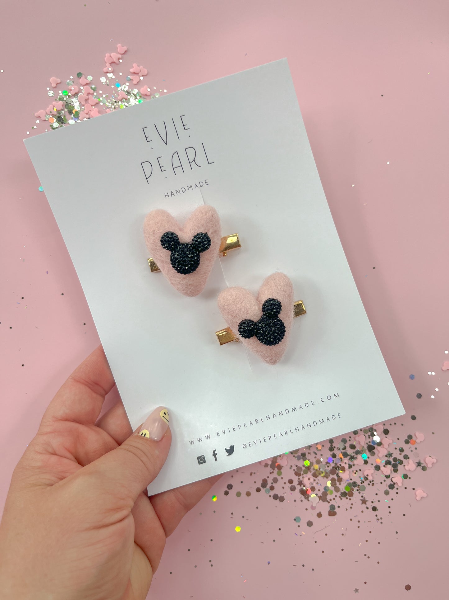 Black Mouse Rhinestone Pink Heart Pigtail Hair Clips