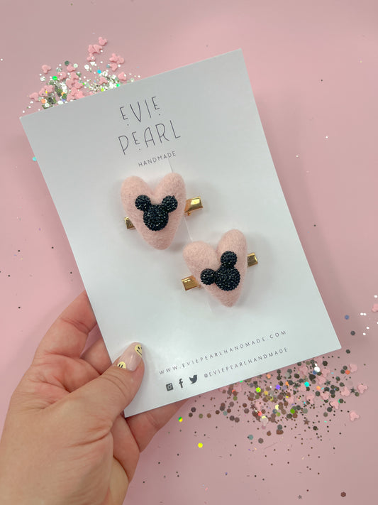 Black Mouse Rhinestone Pink Heart Pigtail Hair Clips