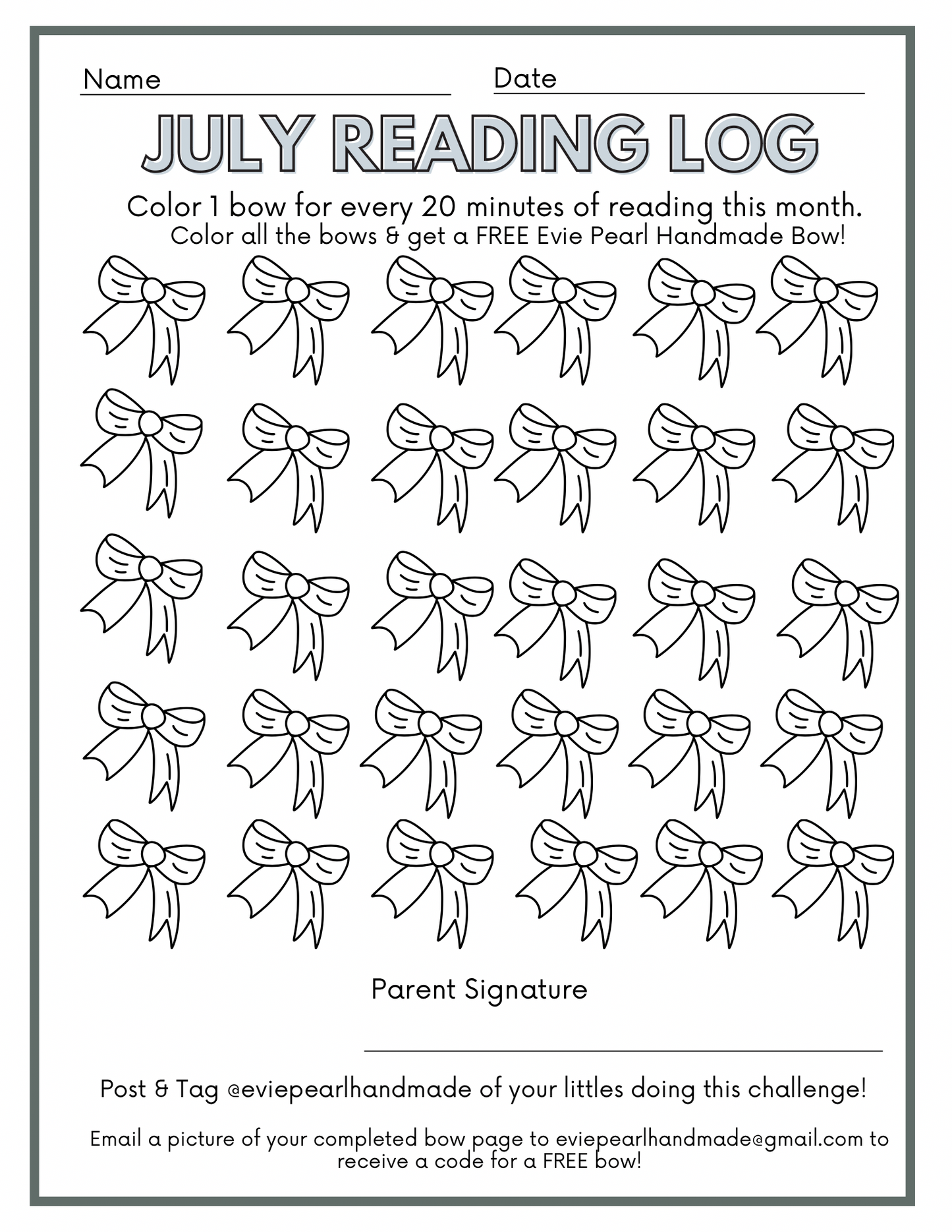 FREE BOW -July Reading Log Challenge - Bow Chart Download