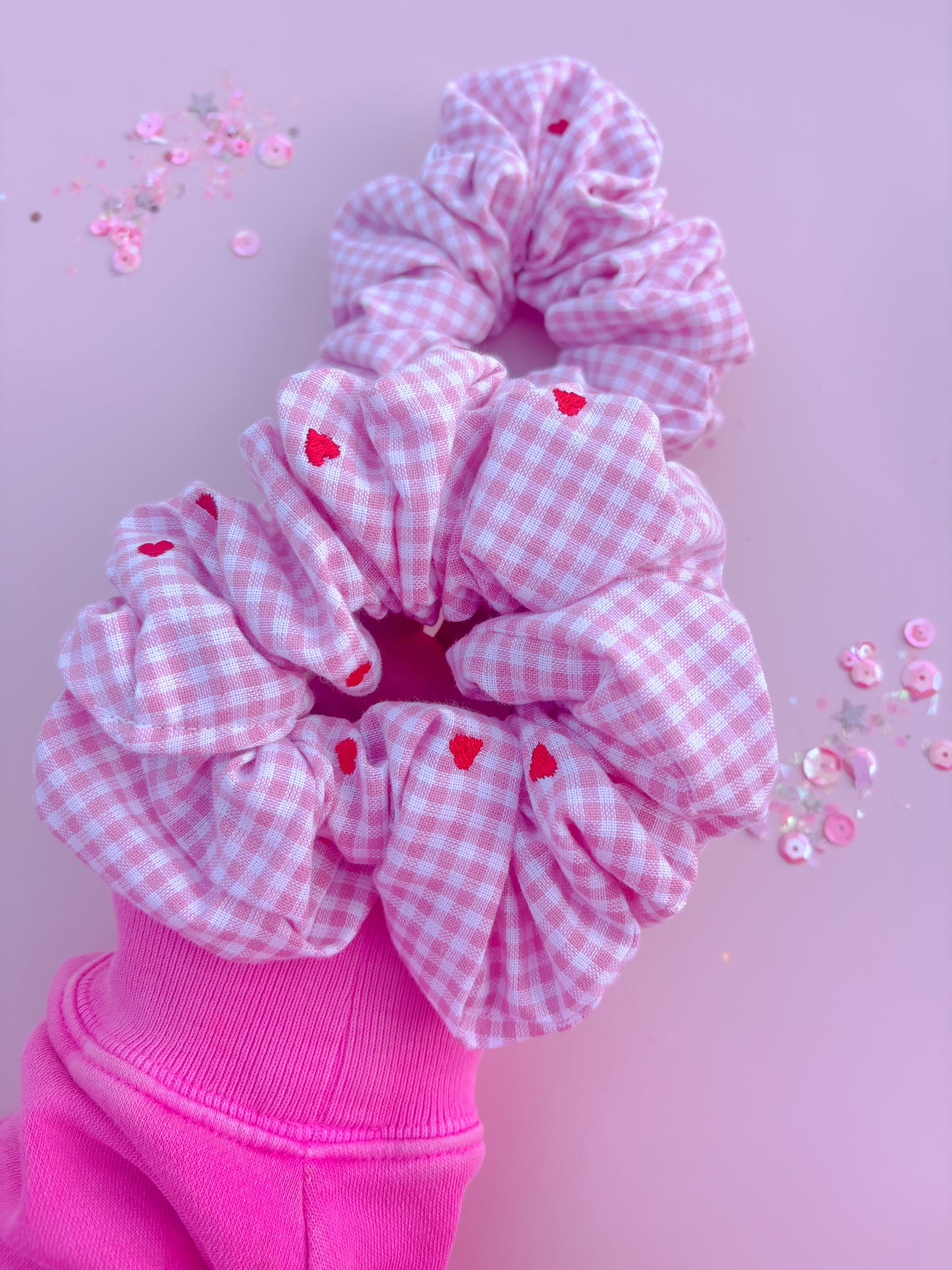 Pink Gingham Red Heart Oversized Scrunchy