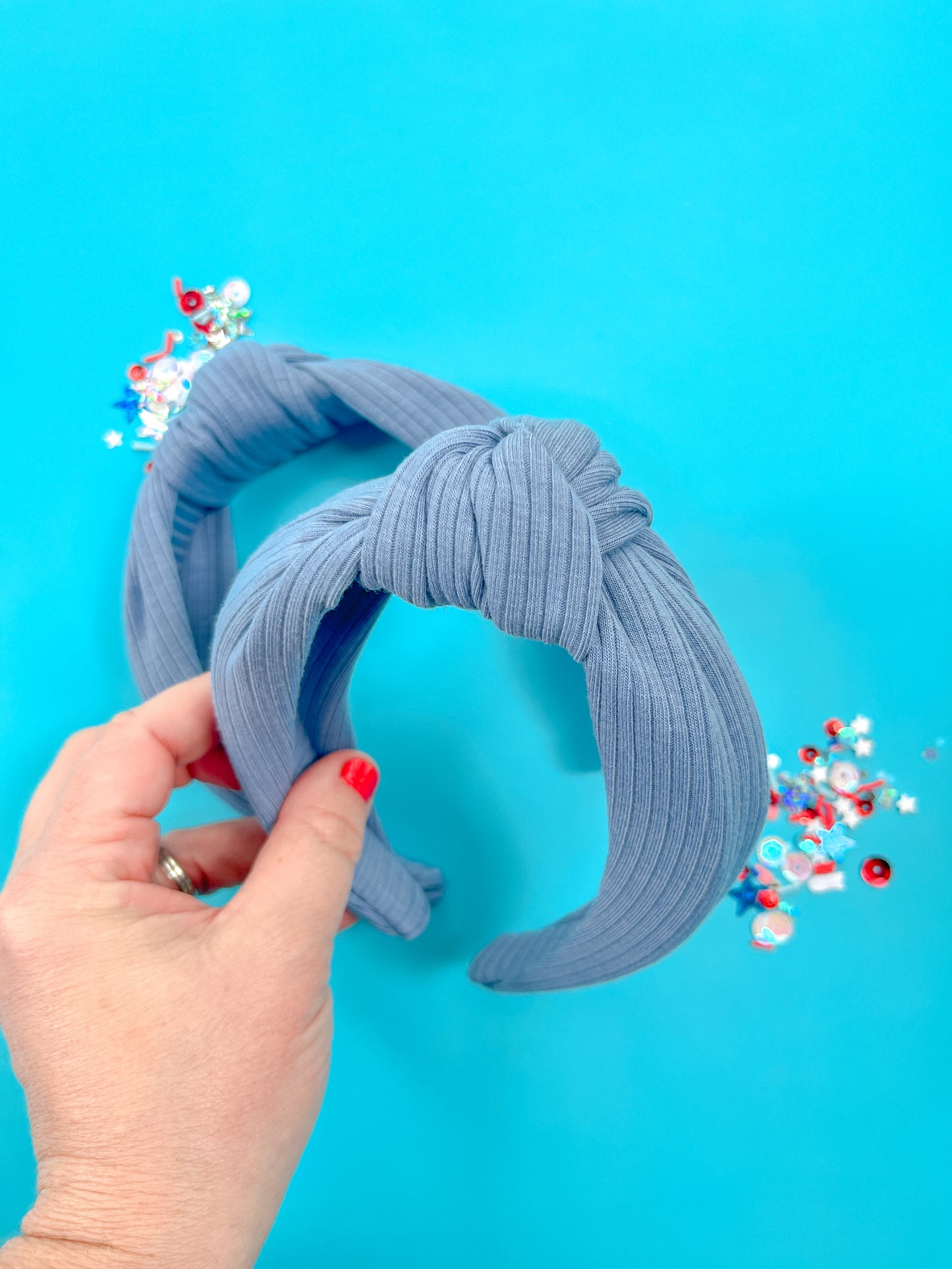 Blue Denim Ribbed Knit Knotted Headband