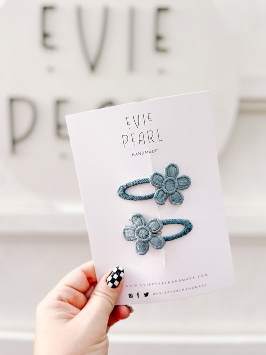 Blue Floral Snap Clip Pigtail Set