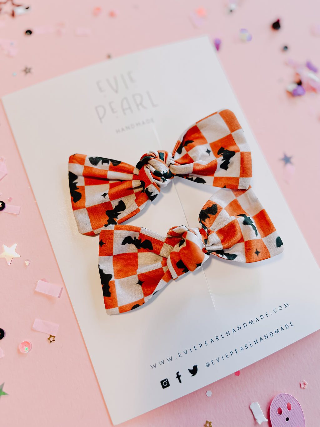 Orange Checkered Bats Knot Bow Pigtails - Cotton Fabric