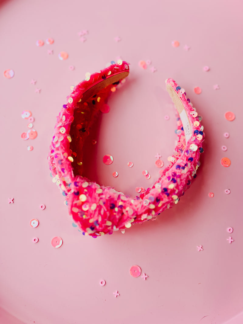 Hot Pink Iridescent Sequin Knotted Headband for Girls & Women