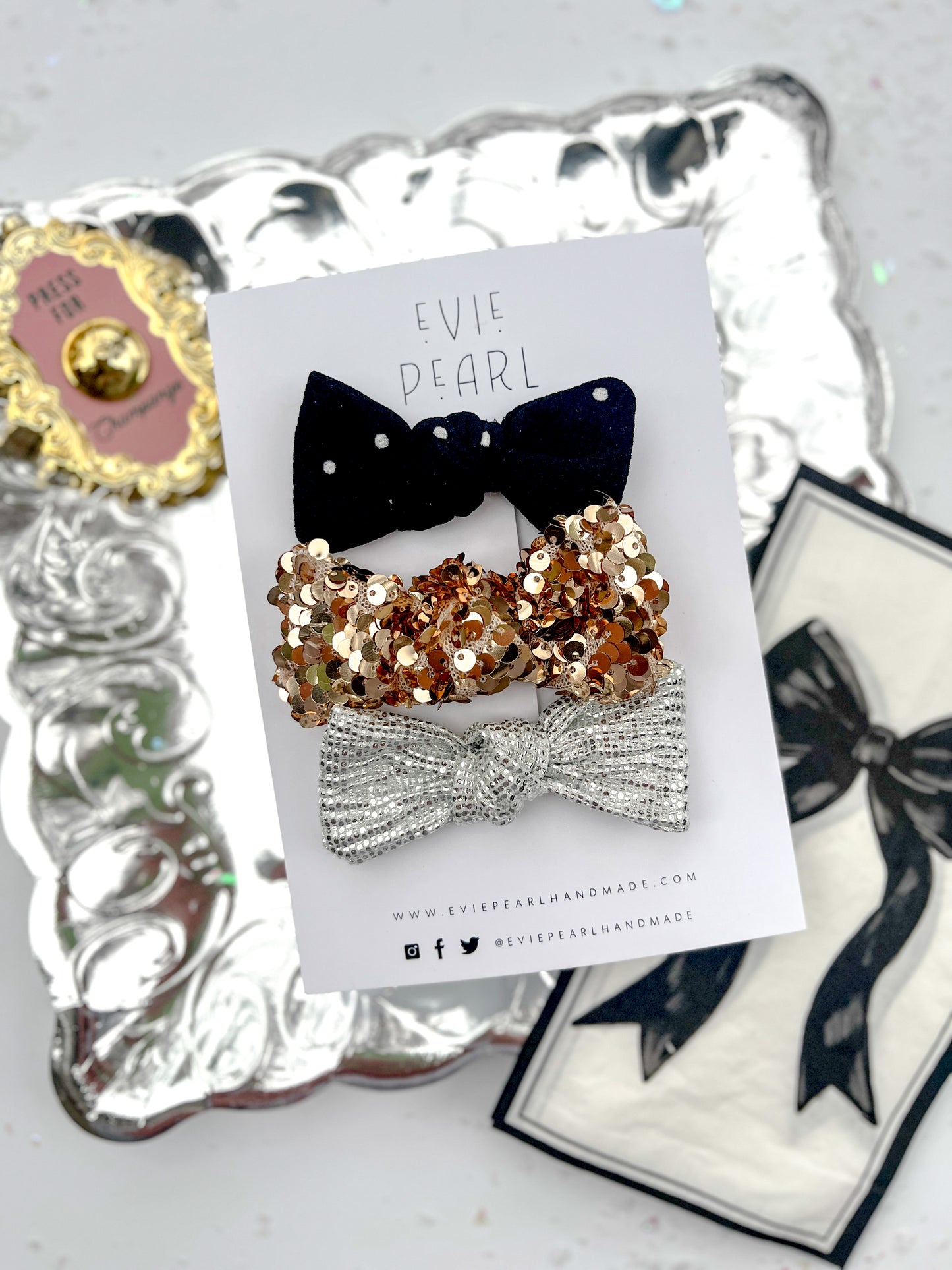 Black Polka Dot, Gold Sequins & Silver Trio Knot Bow Set