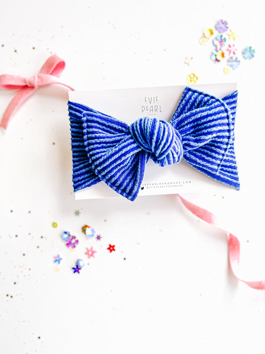 Blue Ribbed Baby Bow Turban