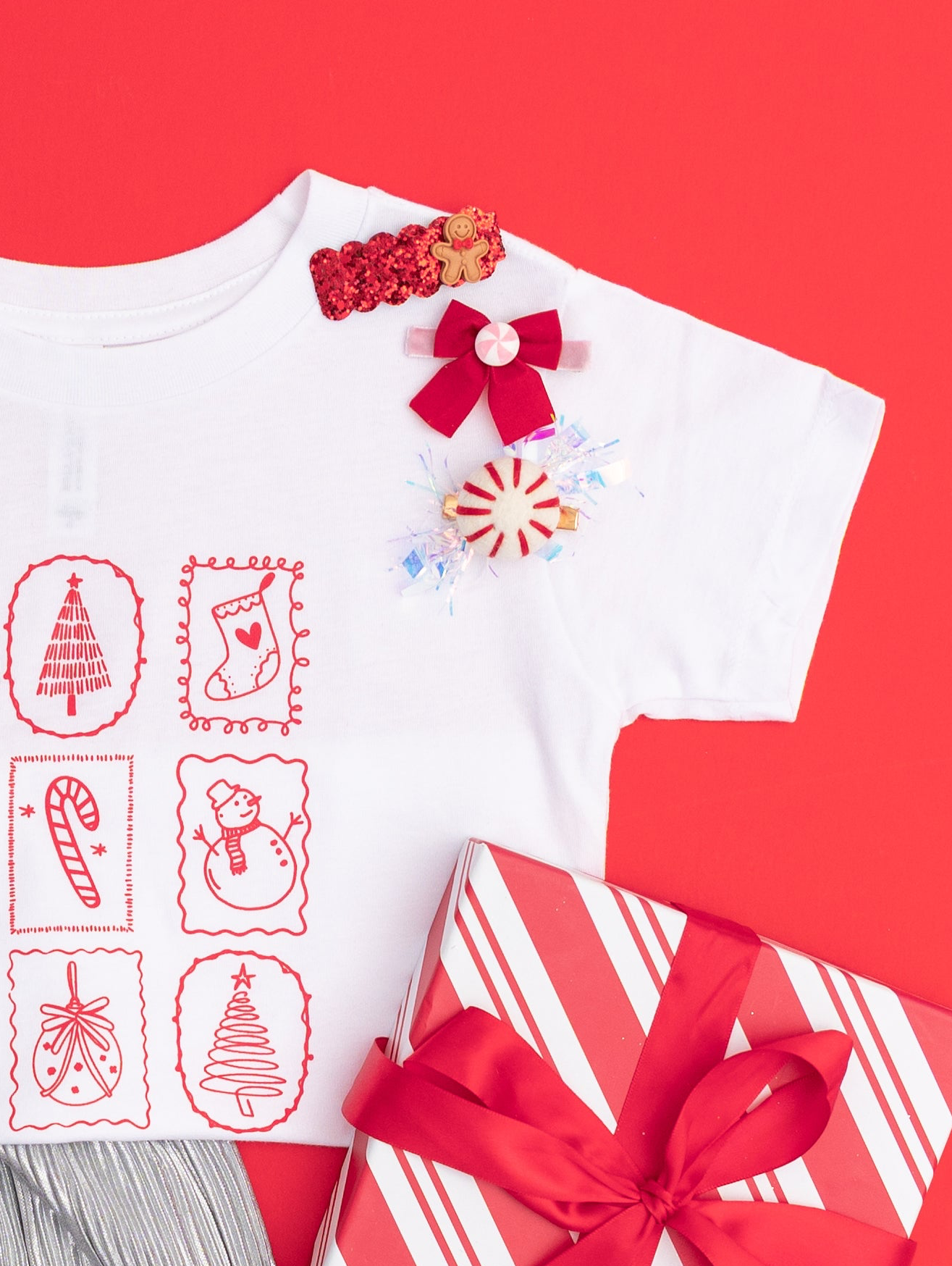 Red Peppermint, Red Bow, Red Glitter Gingerbread Man Hair Clip Set