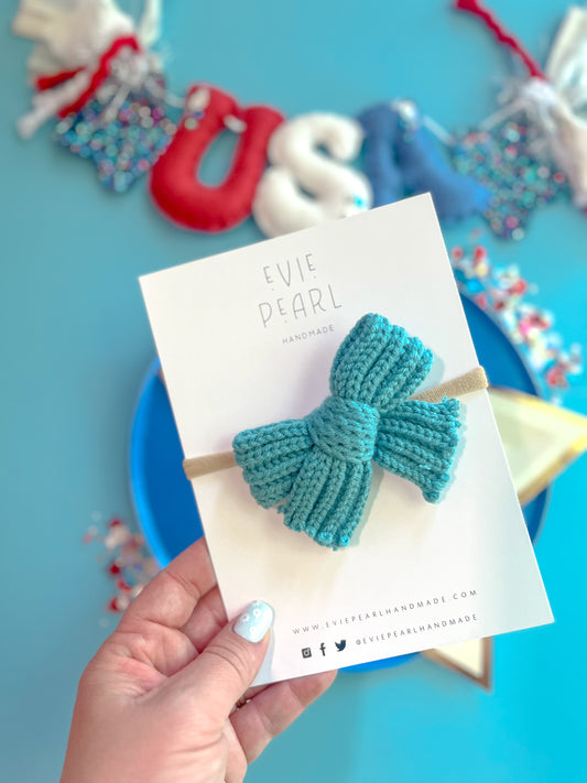 Blue Knit Medium Bow on Nylon Headband for babies