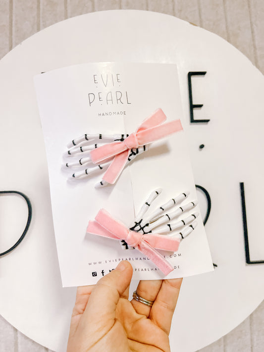 White Skelly Pigtails With Light Pink Bow