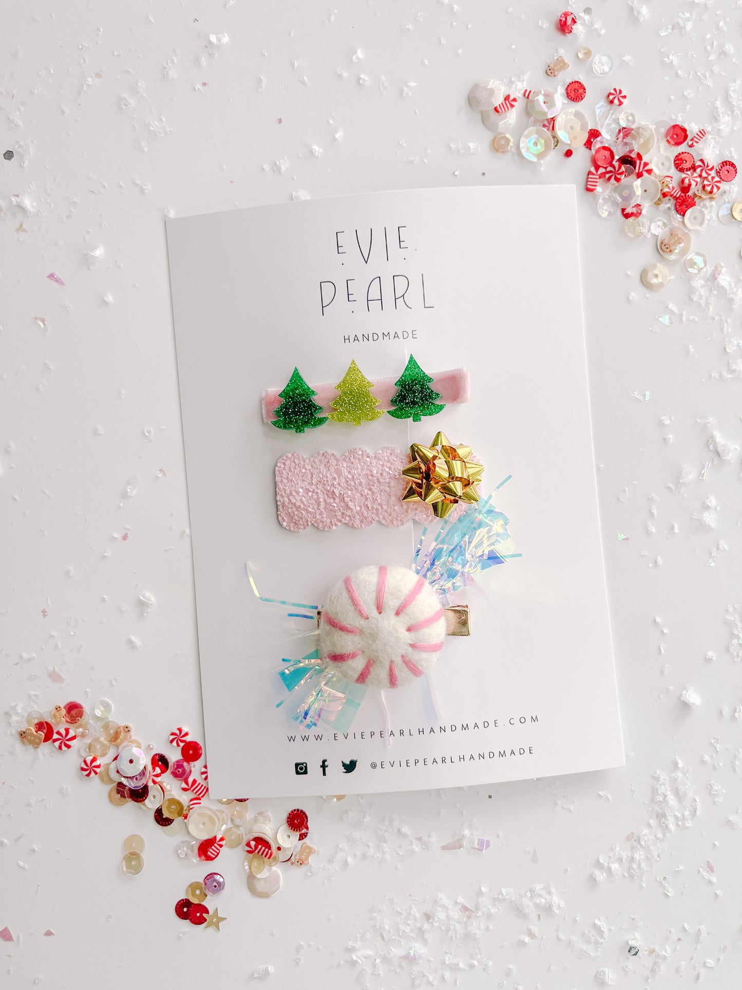 Green Trees, Pink Glitter Gold Bow, Pink Peppermint Hair Clip Set