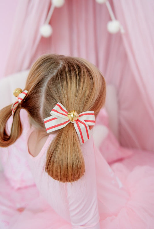 Jingle Bell Red Stripe Small Bow Pigtail Set