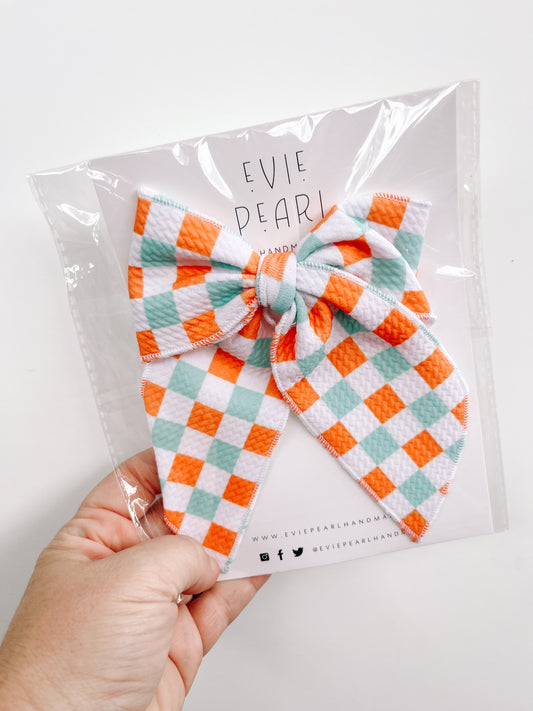 Teal Orange Checkered Oversized Bow