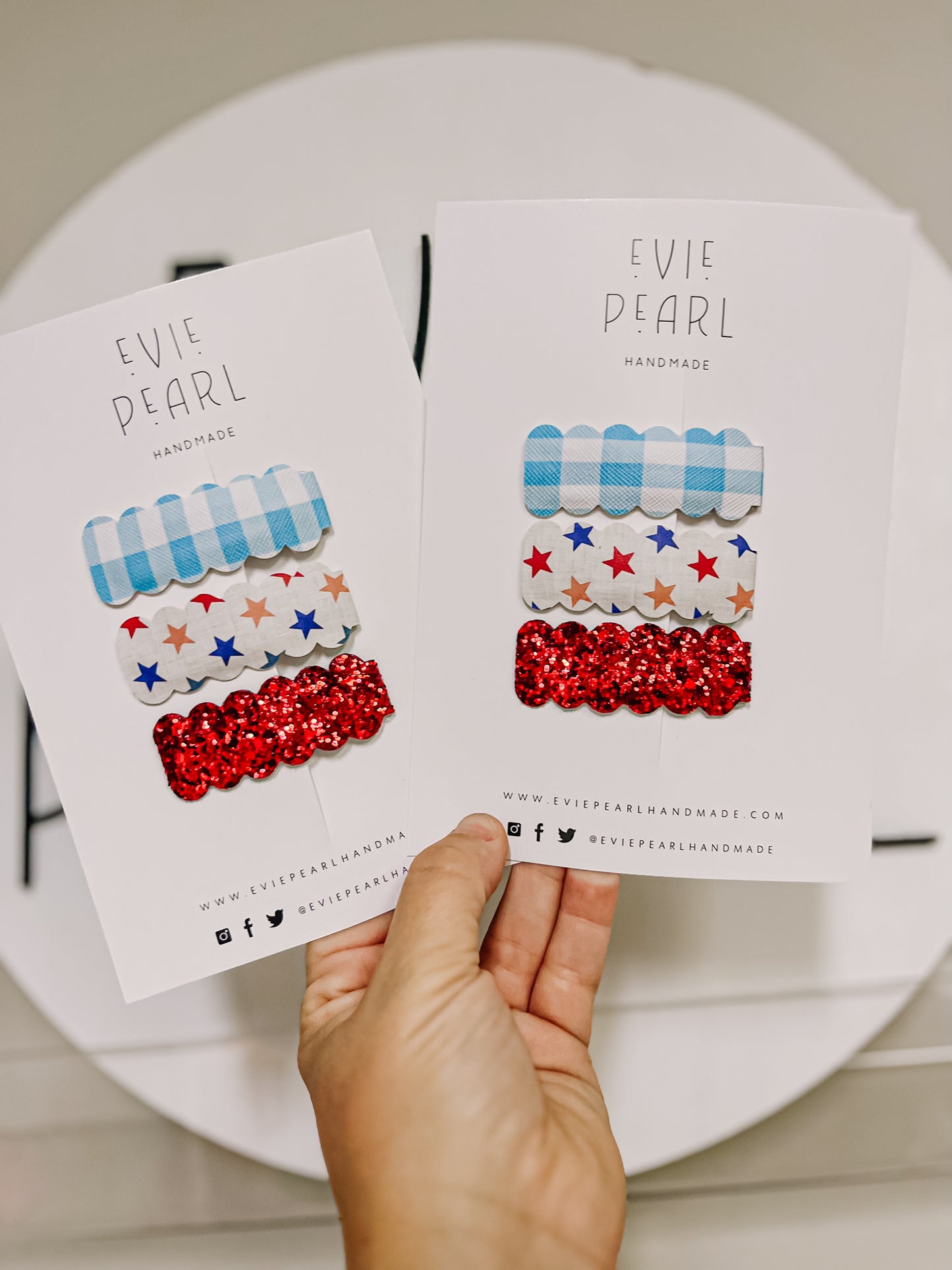 Blue plaid, stars & red glitter snap clip set