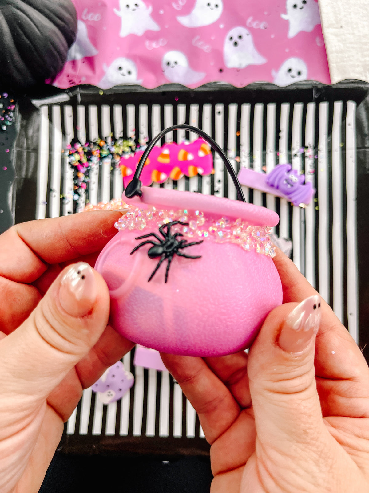 Mini Pink Spider Glitter Cauldron Filled With Snap Clips