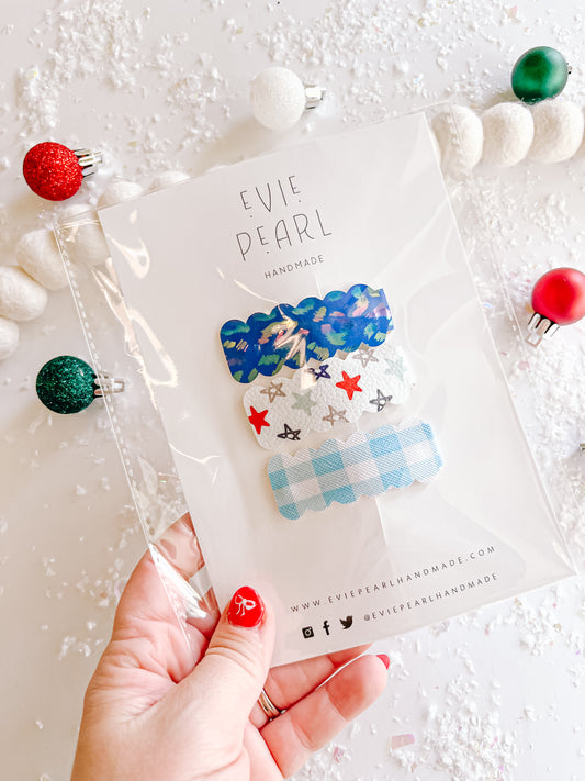 Blue Glitter Stars Plaid Snap Clip Set