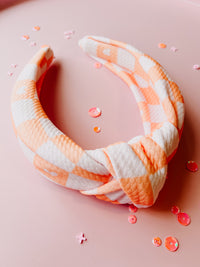 Peach Heart Checkered Knotted Headband for Girls & Women