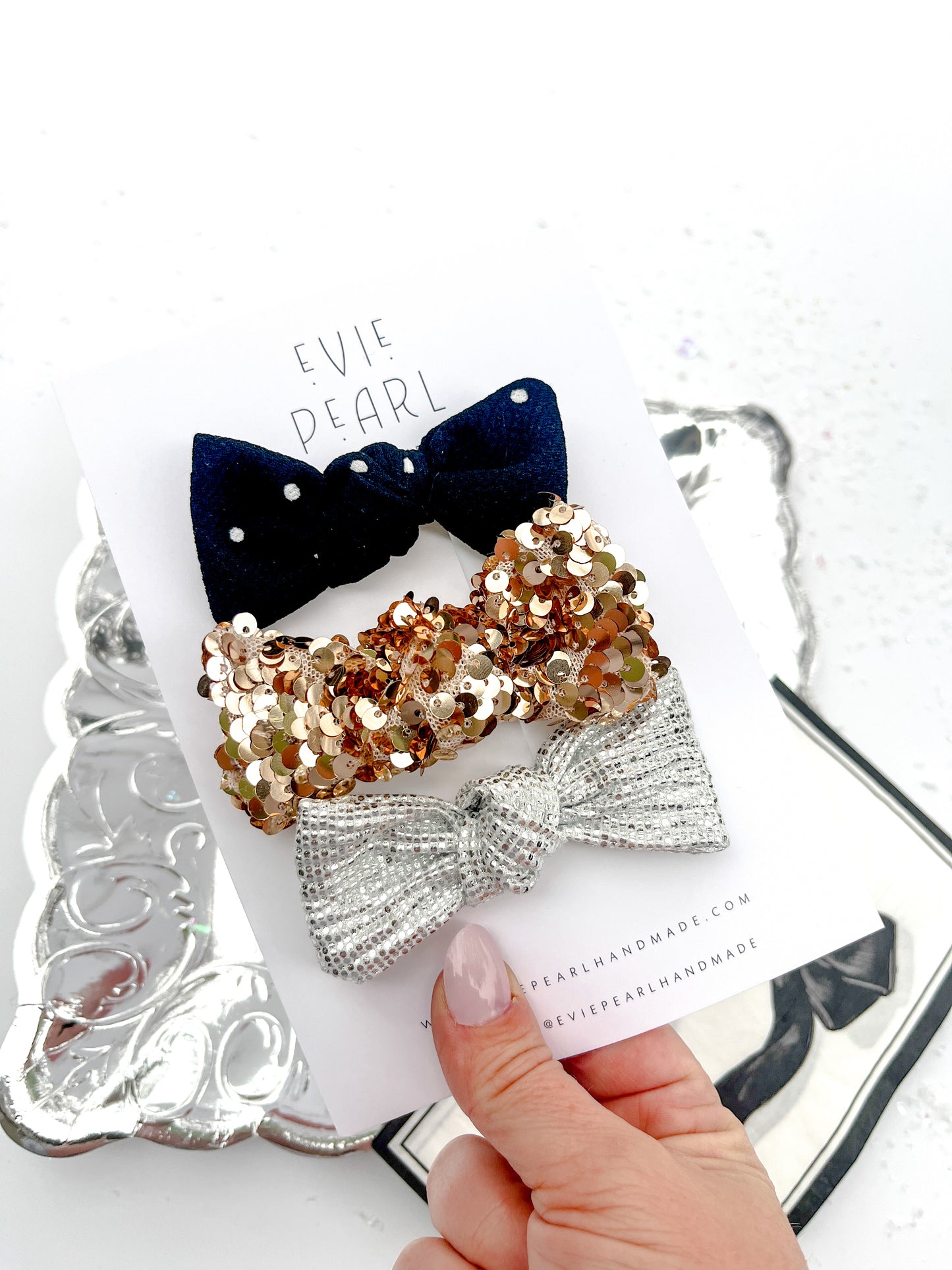 Black Polka Dot, Gold Sequins & Silver Trio Knot Bow Set