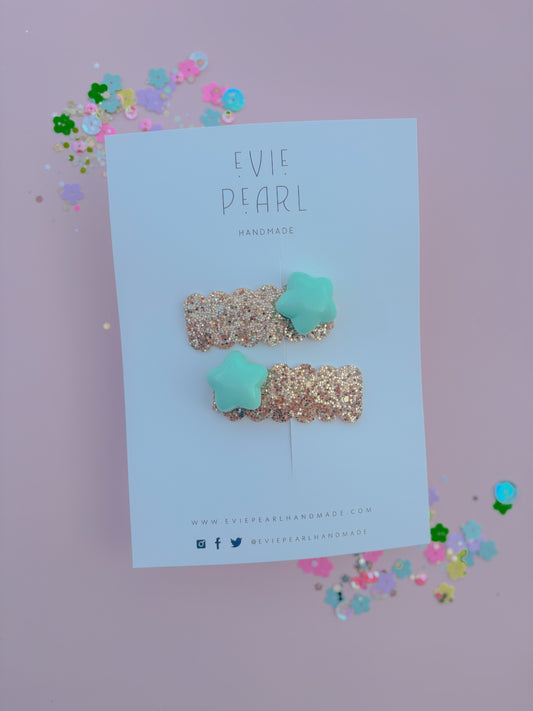 Teal Star Glitter Pigtail Snap Clip Set