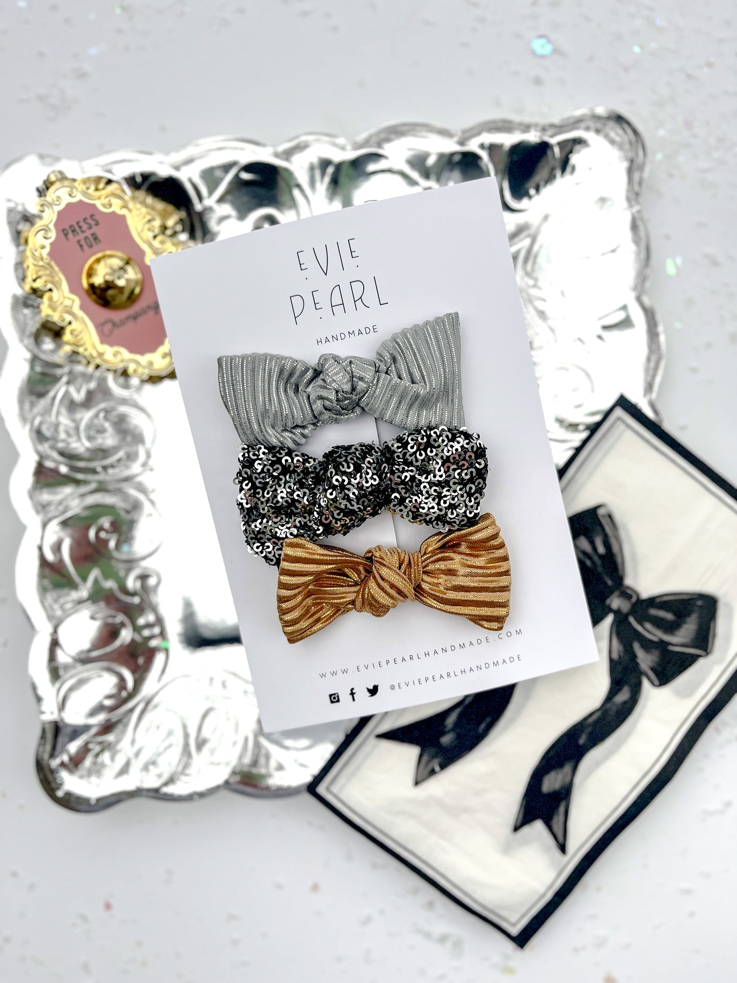 Silver, Black Sequins, Gold Trio Knot Bow Set