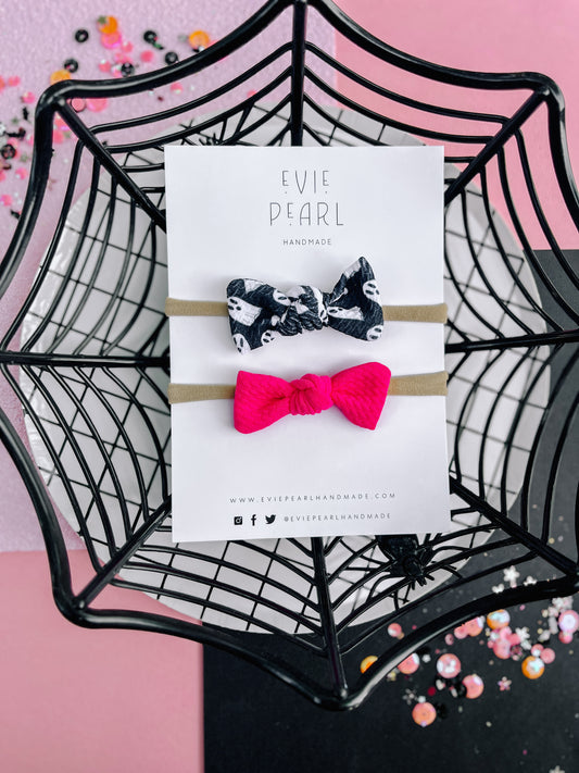 Black Ghost & Hot Pink Mini Knot Bow Nylon Headband Set