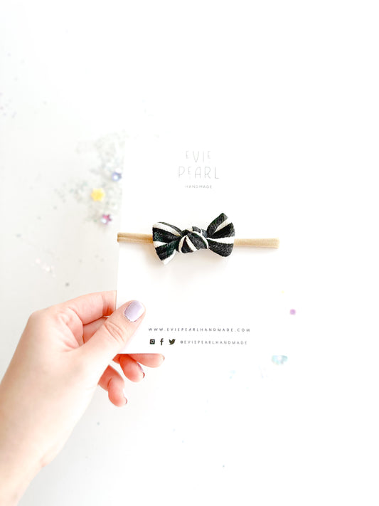 Black White Stripe Mini Knot Bow Nylon Headband