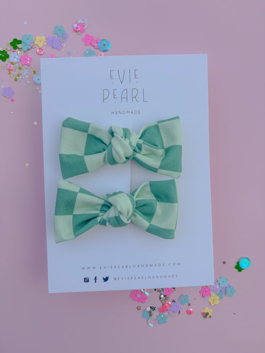 Green Checkered Knot Bow Pigtail Set