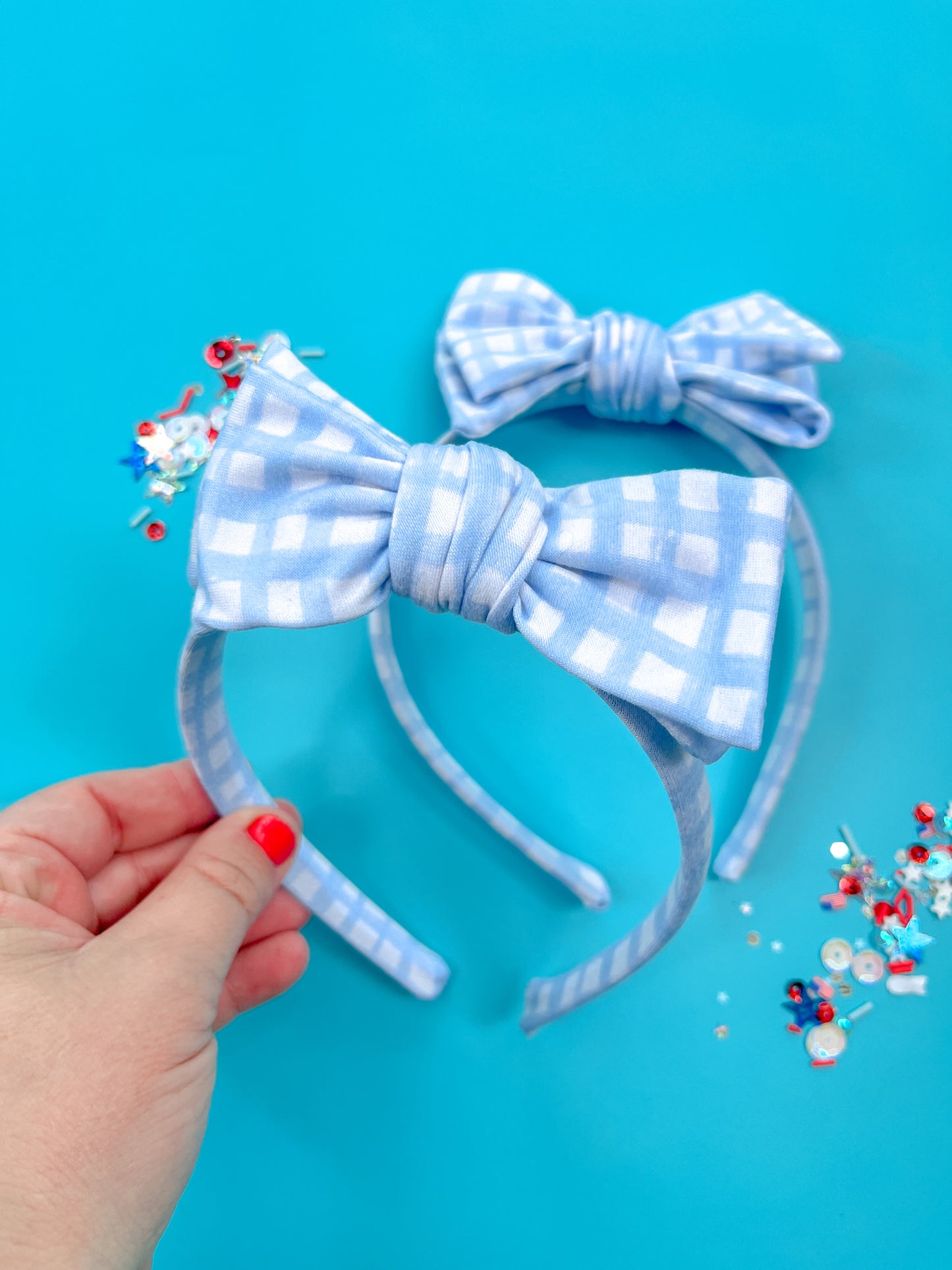 Blue Grid Bow Headband For Toddler & Girls