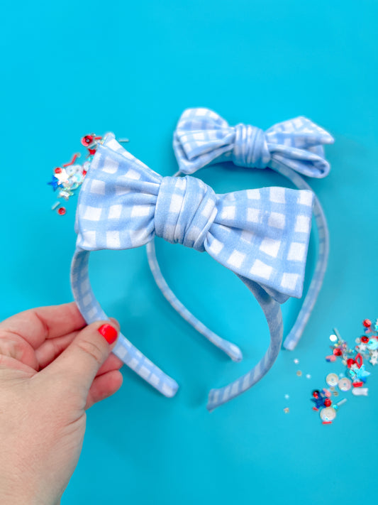 Blue Grid Bow Headband For Toddler & Girls