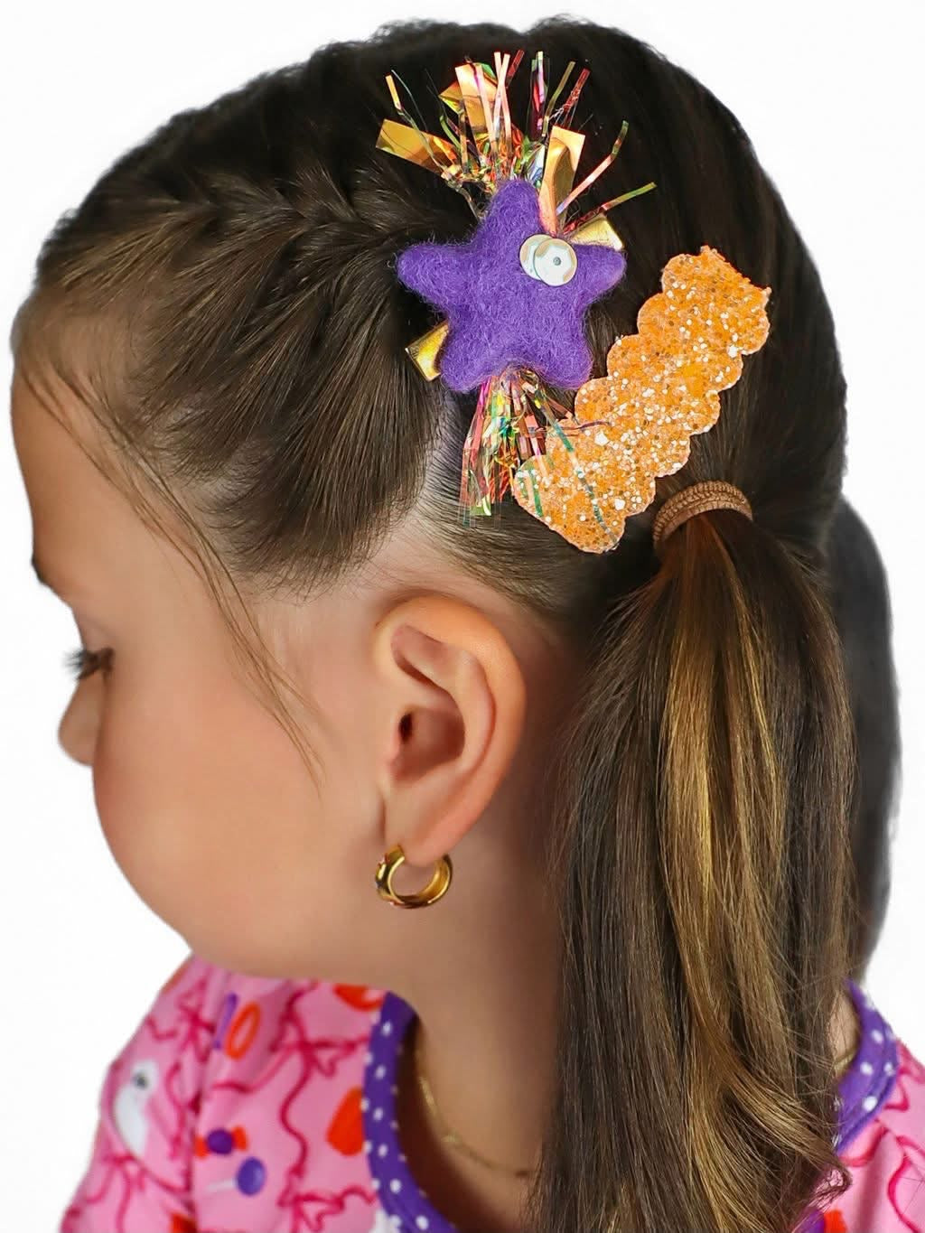 Mini May Collab- Purple Party Stars with Orange glitter snap clip set