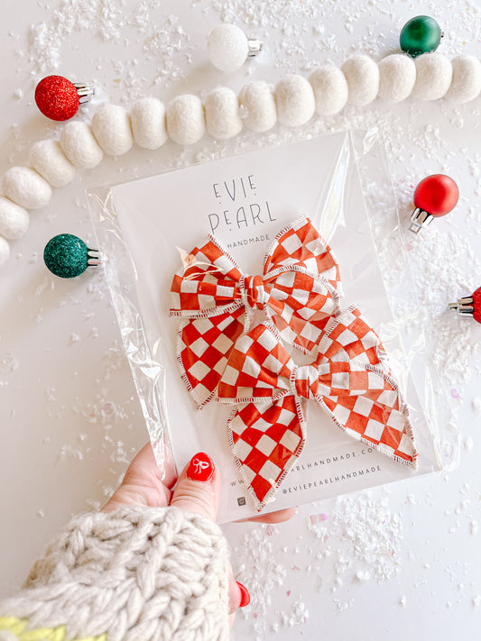 Red Checkered Pigtail Bows