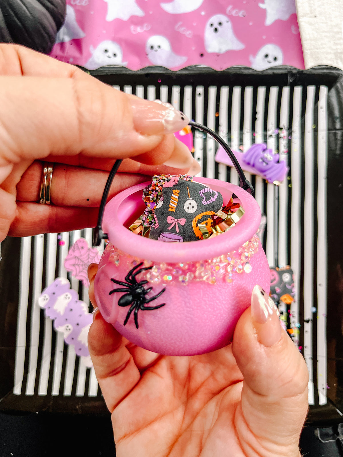 Mini Pink Spider Glitter Cauldron Filled With Snap Clips