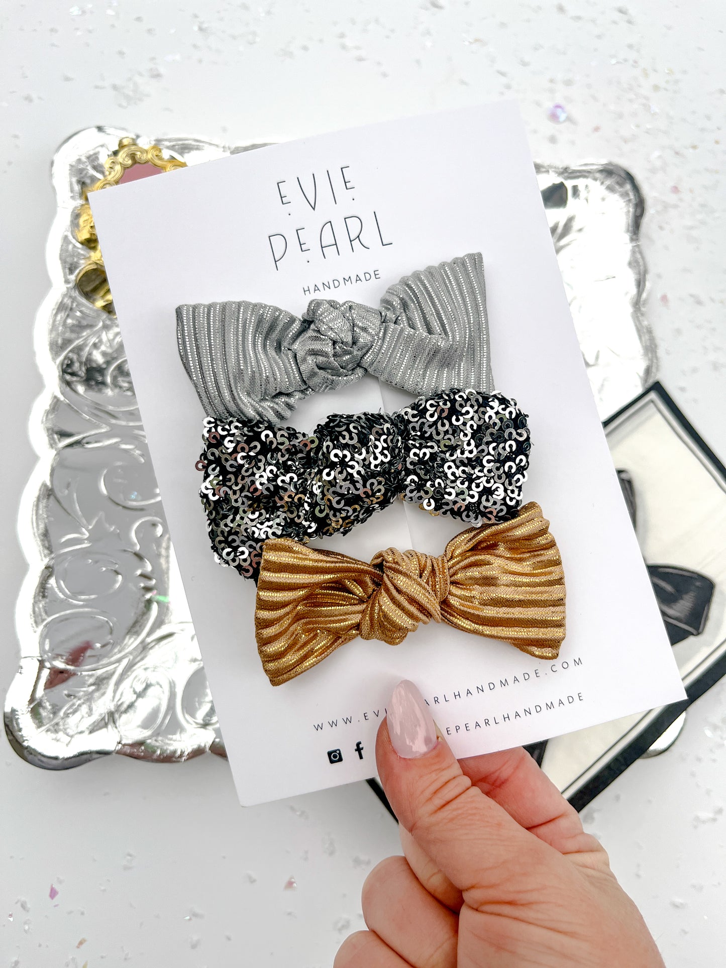 Silver, Black Sequins, Gold Trio Knot Bow Set