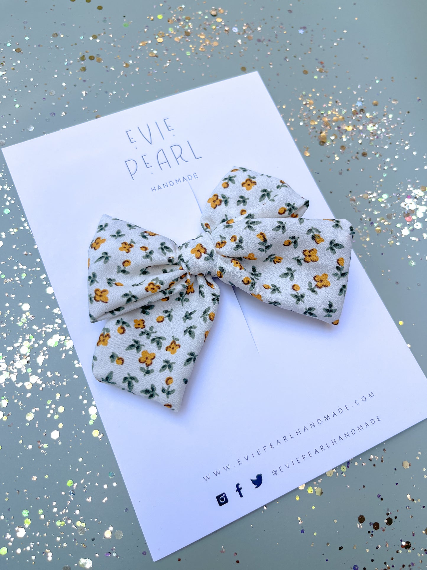 White Green Gold Floral Medium Bow