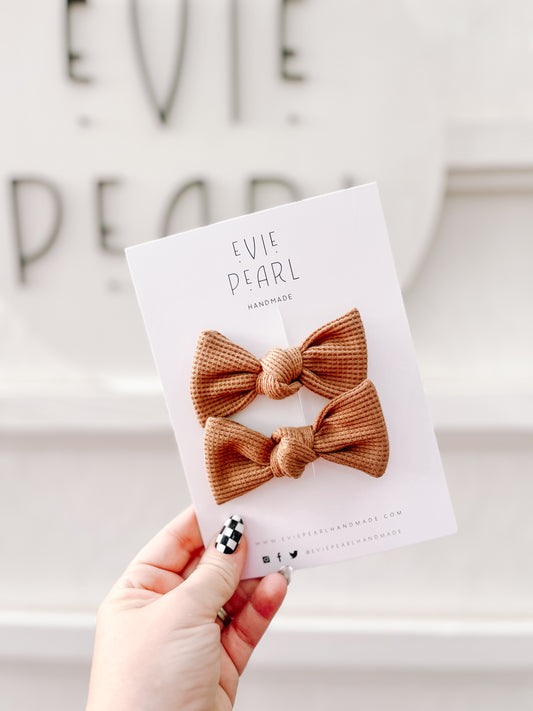 Tan Waffle Knot Bow Pigtails