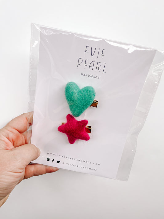 Purple Star & Teal Heart Felt Clip Set