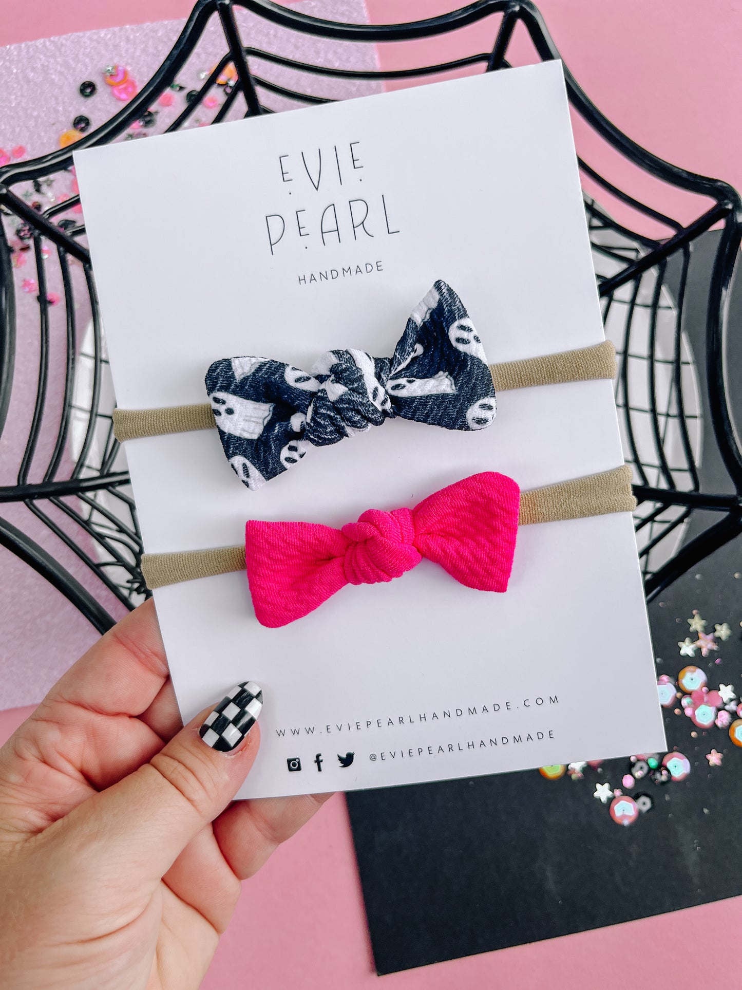 Black Ghost & Hot Pink Mini Knot Bow Nylon Headband Set