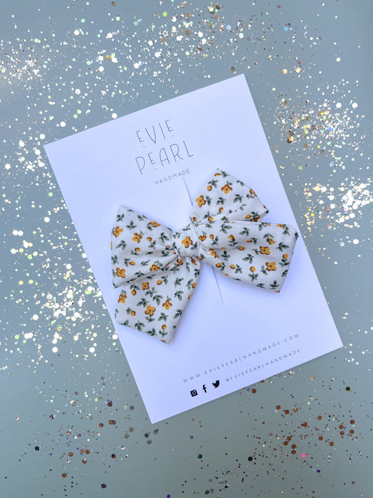 White Green Gold Floral Medium Bow