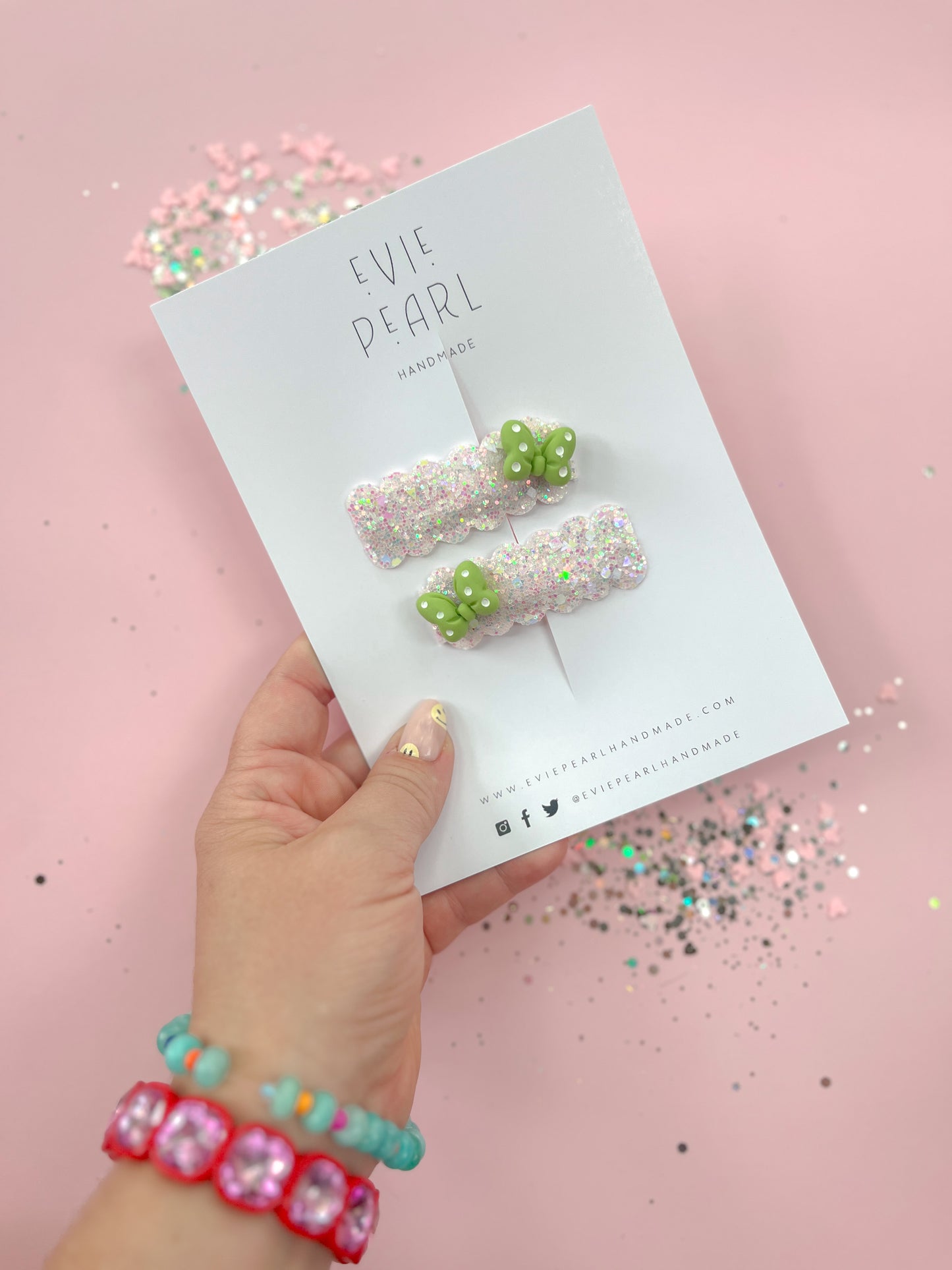 Silver Glitter Green Minnie Bow Pigtail Snap Clip