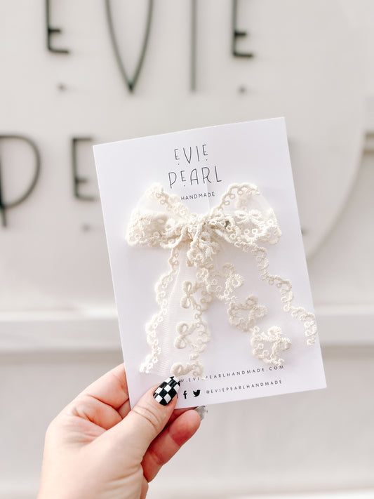 Cream Lace Bows on Bow Medium Hair Bow
