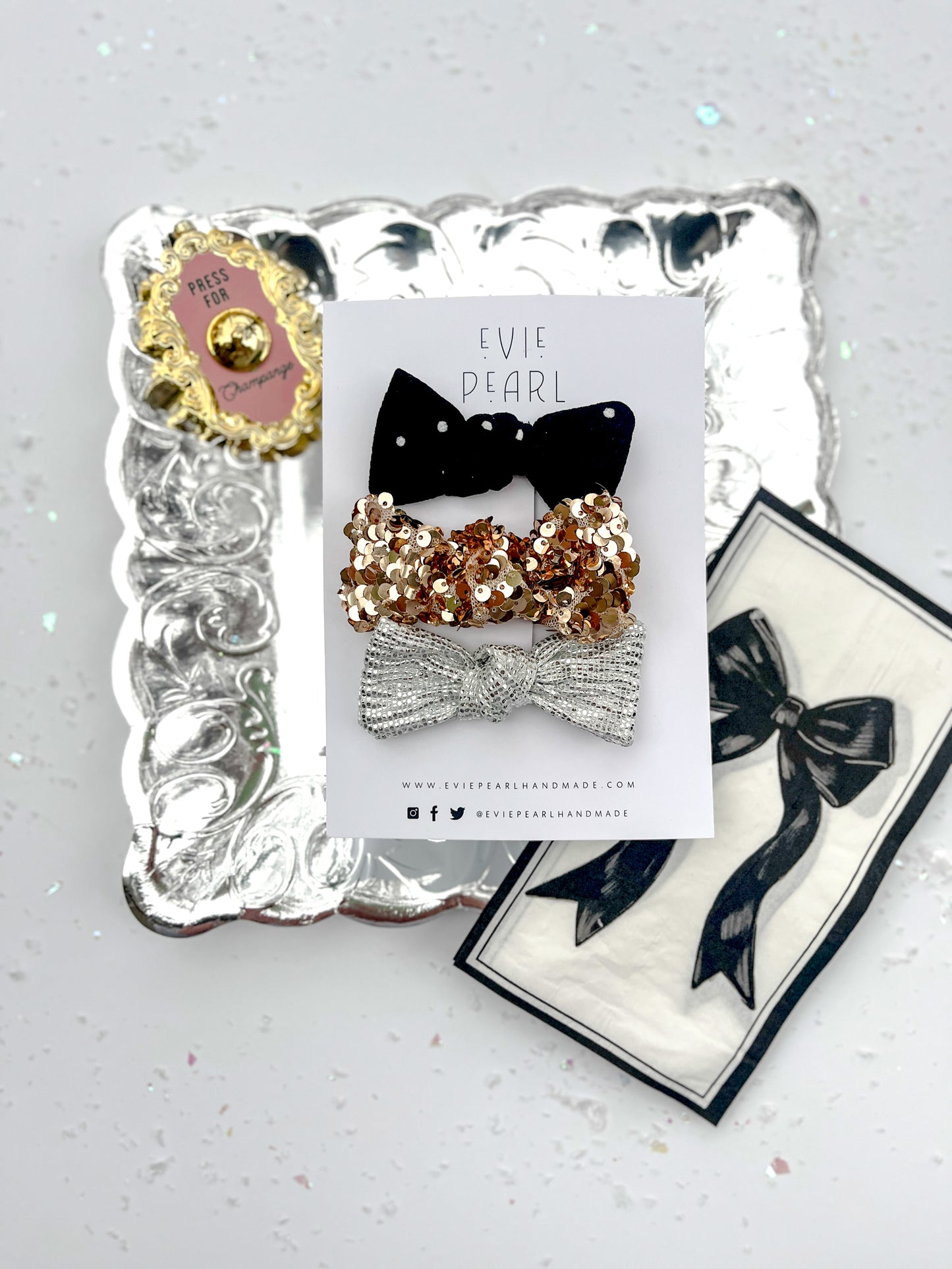 Black Polka Dot, Gold Sequins & Silver Trio Knot Bow Set