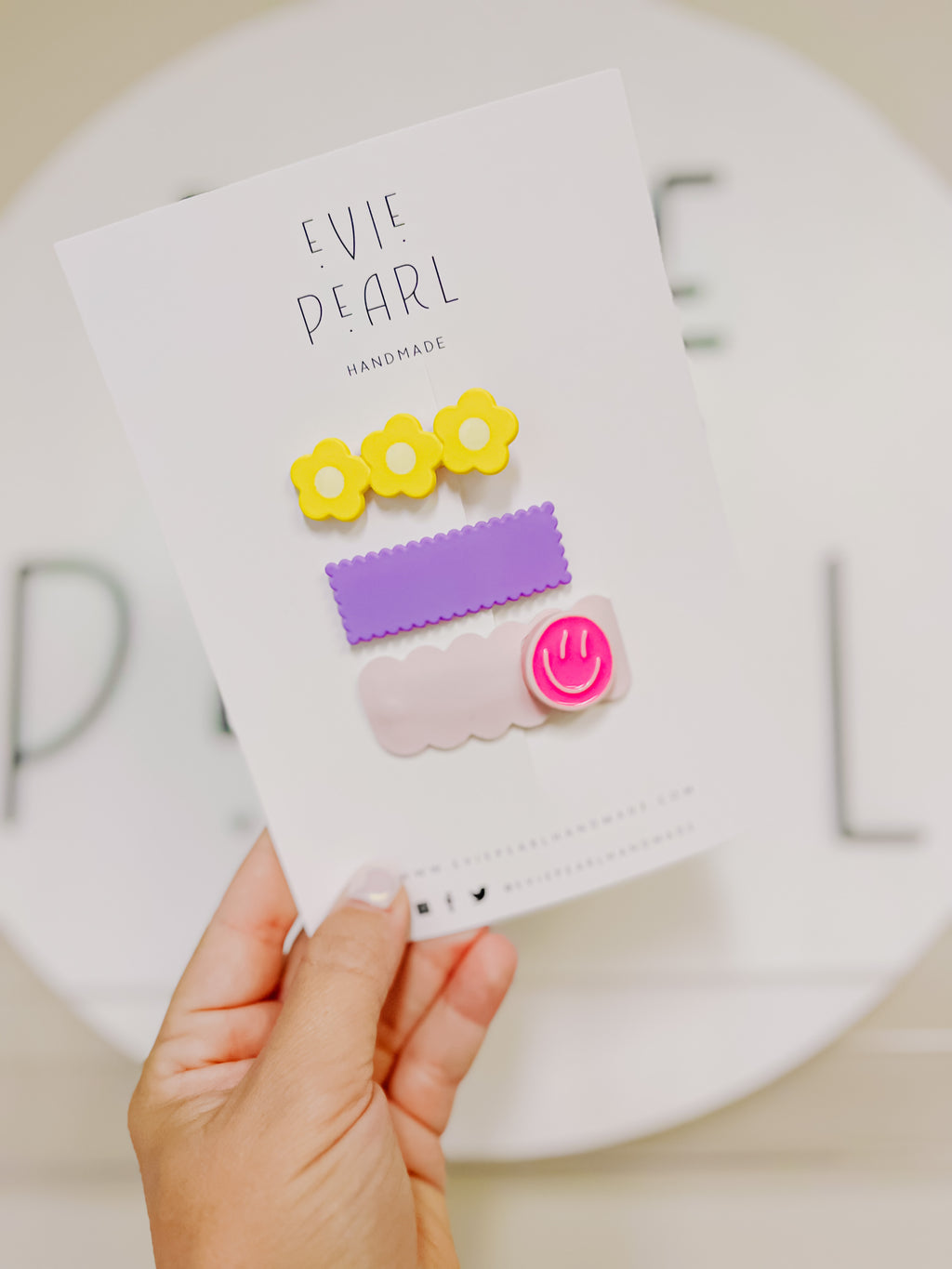 50% off Yellow Flower, Purple Scalloped & Pink Smiley Clip Set