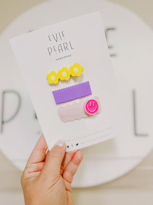 Yellow Flower, Purple Scalloped & Pink Smiley Clip Set