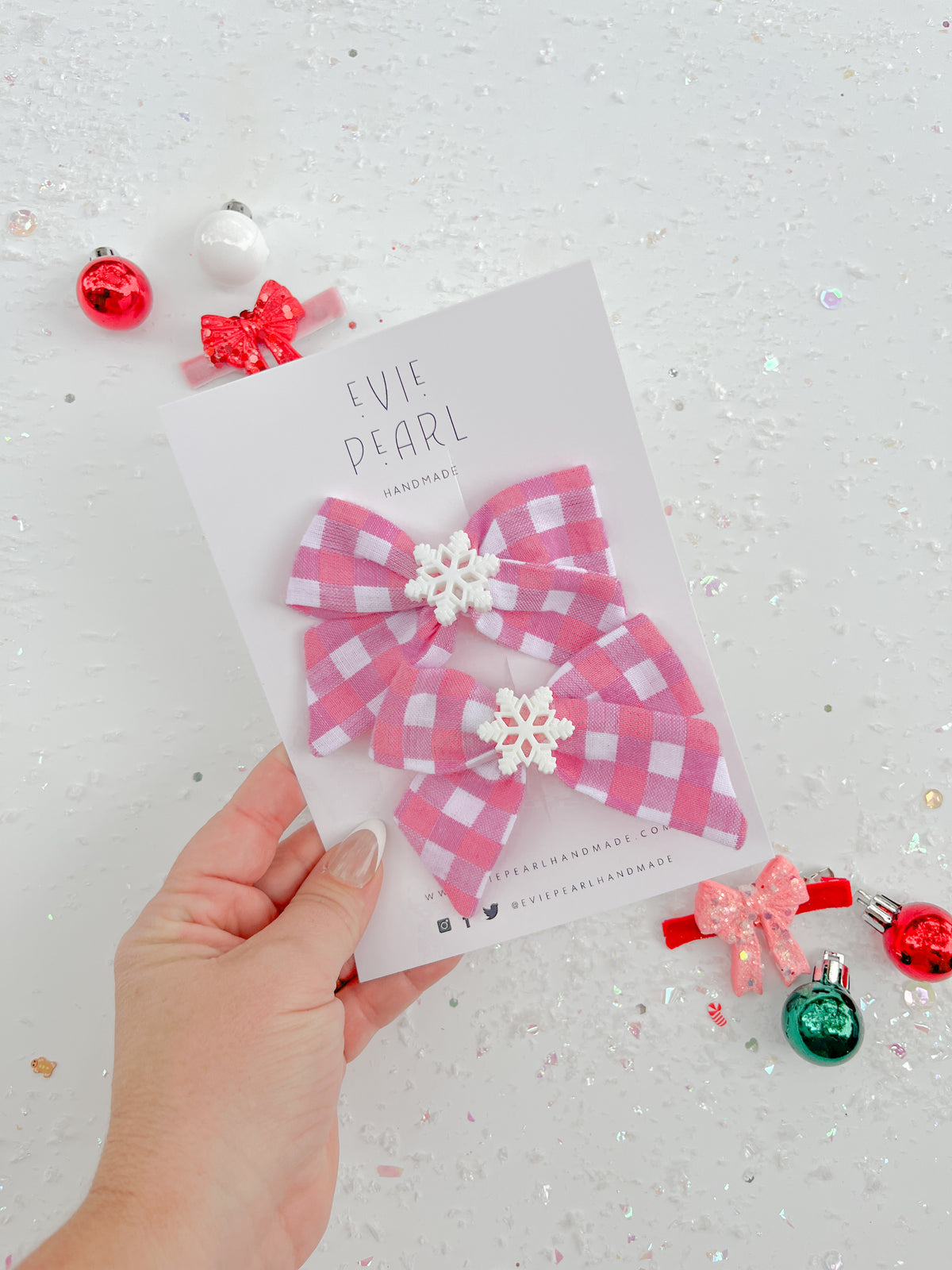 Pink Plaid Snowflake Medium Pinwheel Pigtail Bows