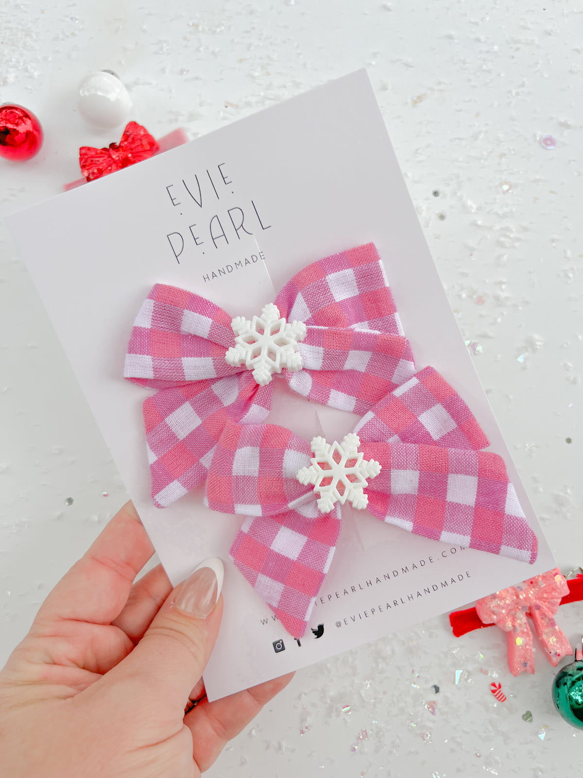 Pink Plaid Snowflake Medium Pinwheel Pigtail Bows