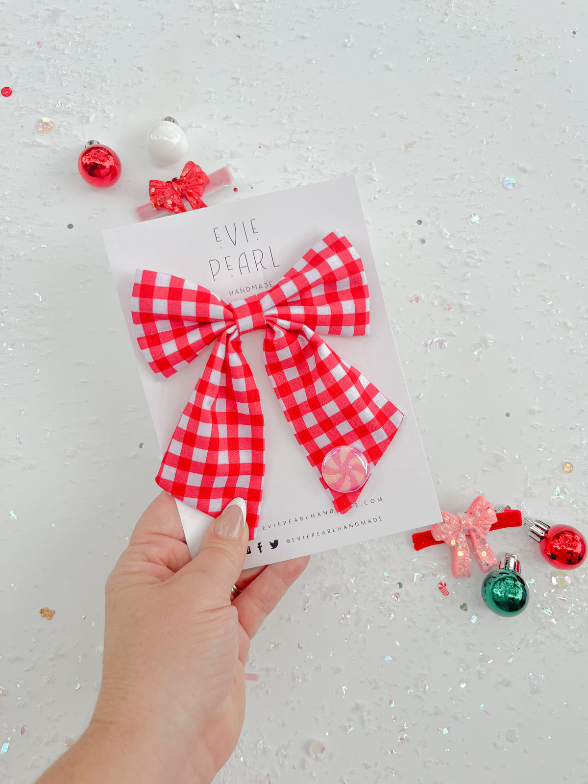 Pink Red Plaid Medium Sailor Bow With Peppermint Charm
