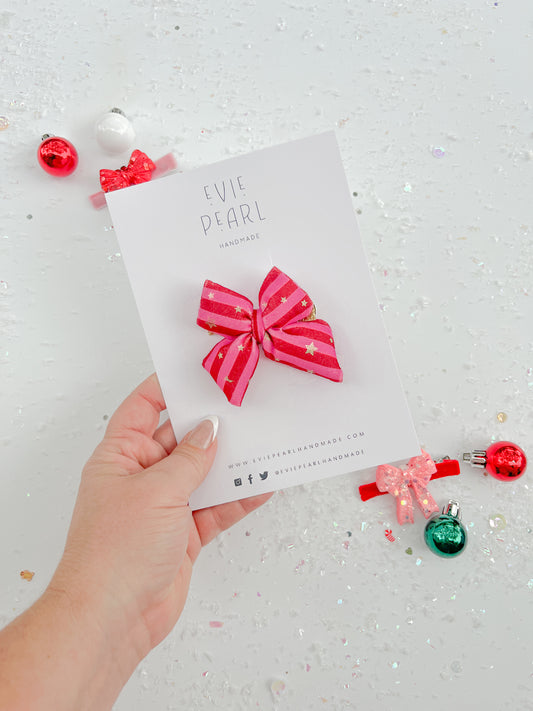 Red Pink Stripe Puffy Star Bow Hair Clip