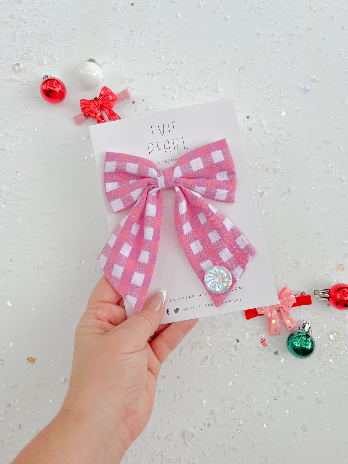 Pink Red Plaid Medium Sailor Bow With Peppermint Charm