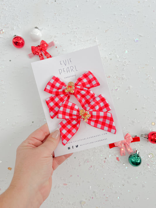 Red Grid Gingerbread Medium Pinwheel Pigtail Bows