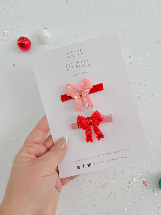 Red & Pink Bow Hair Clip Pigtail Set