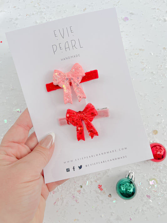 Red & Pink Bow Hair Clip Pigtail Set
